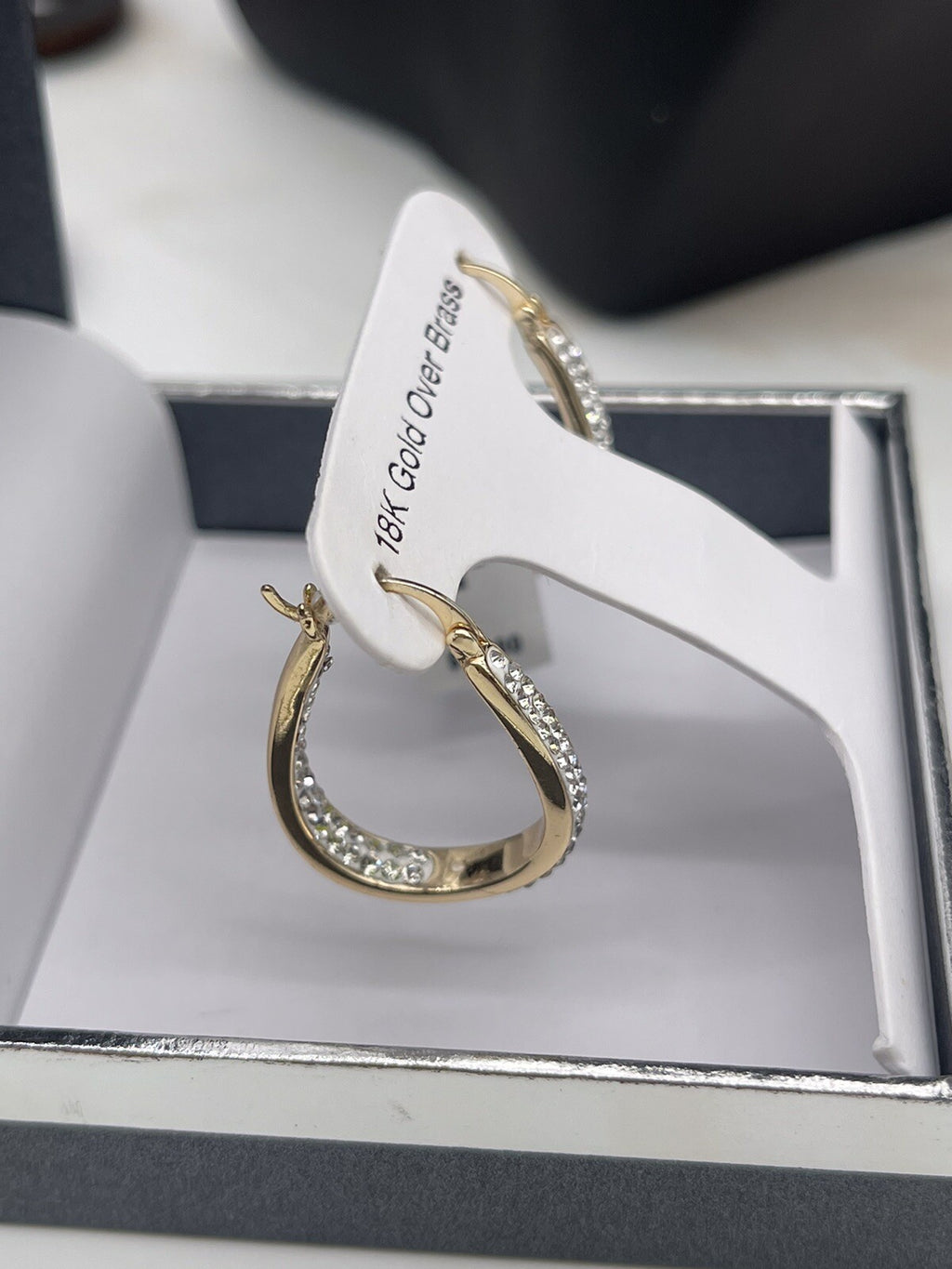 And Now This 18K gold over brass crystal & shiny double open hoop earrings