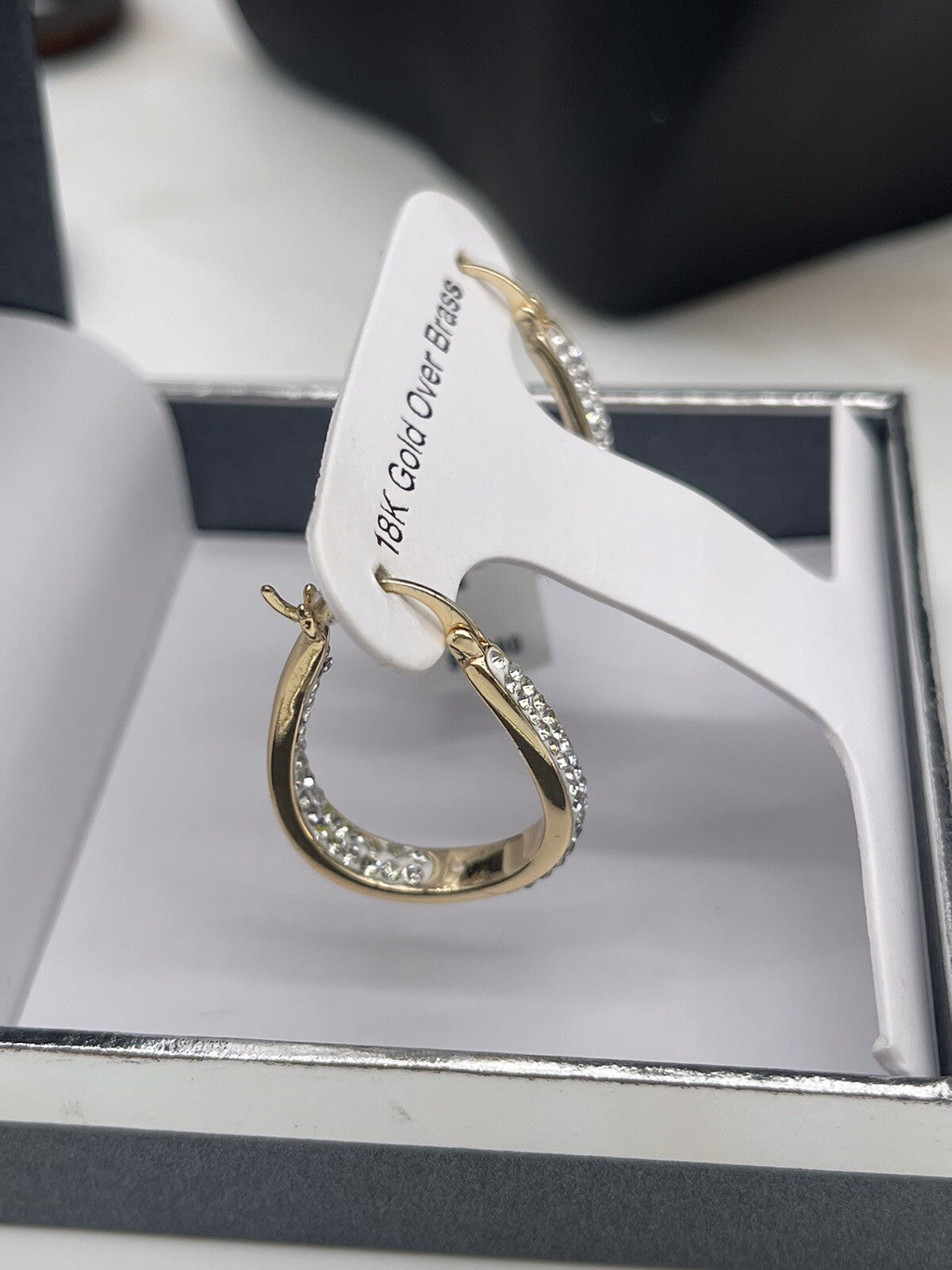 And Now This 18K gold over brass crystal & shiny double open hoop earrings