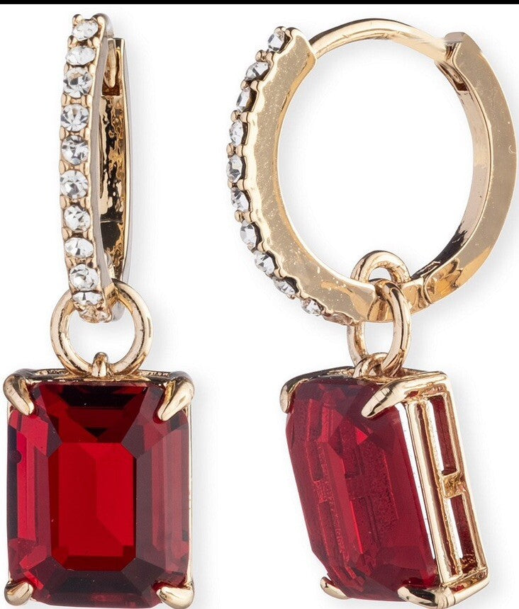 Lauren Ralph Lauren Silver Tone Emerald Stone Huggie Hoop Earrings 