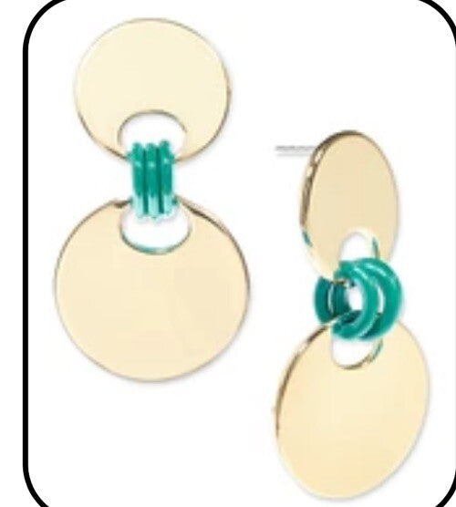 NWT On 34th Gold-Tone Disc & Green Color Ring Drop Earrings Trendy Summer Spring