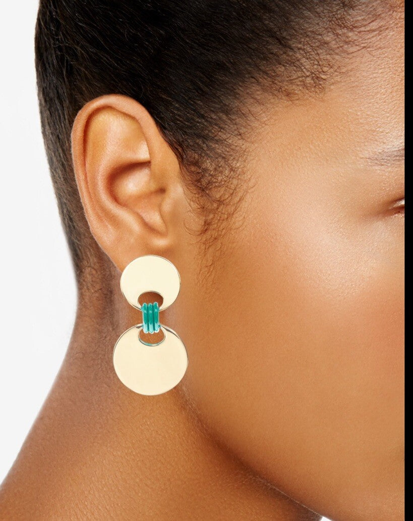 NWT On 34th Gold-Tone Disc & Green Color Ring Drop Earrings Trendy Summer Spring