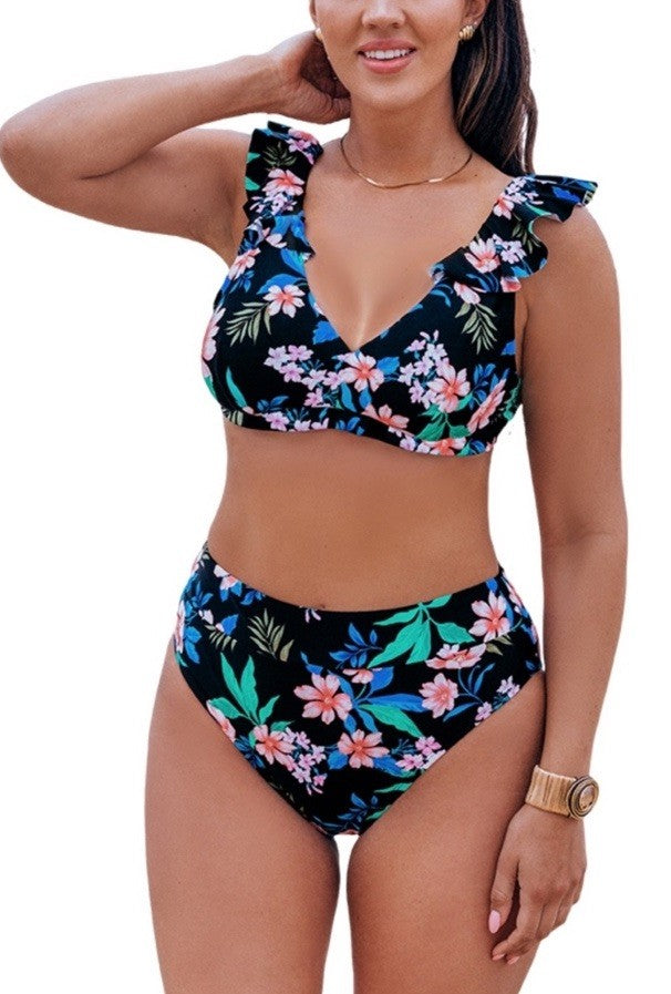 Cupshe Women's Floral Print Bikini Top & High-Rise Bottoms  Large Bust M-DD