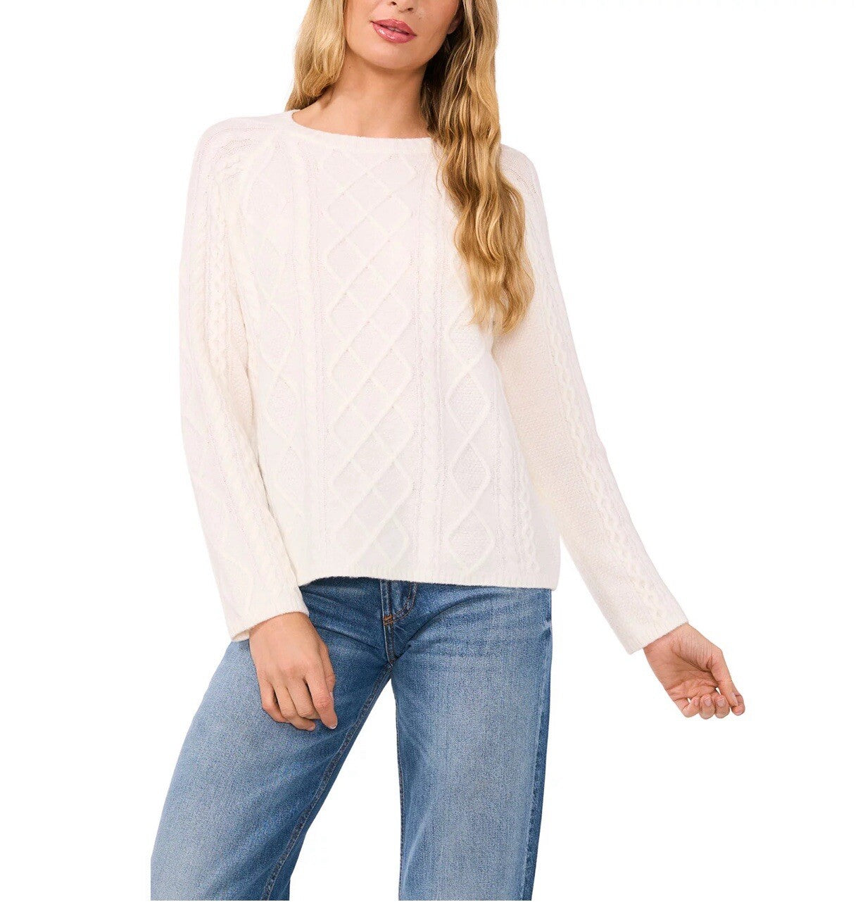 Vince Camuto Women's Warm Cozy Pullover Crew Neck Cable Sweater White Size M