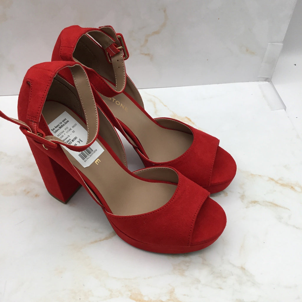  Sun + Stone Women's Reemaa Peep Toe Block Heel Platform Sandals Red Size 7