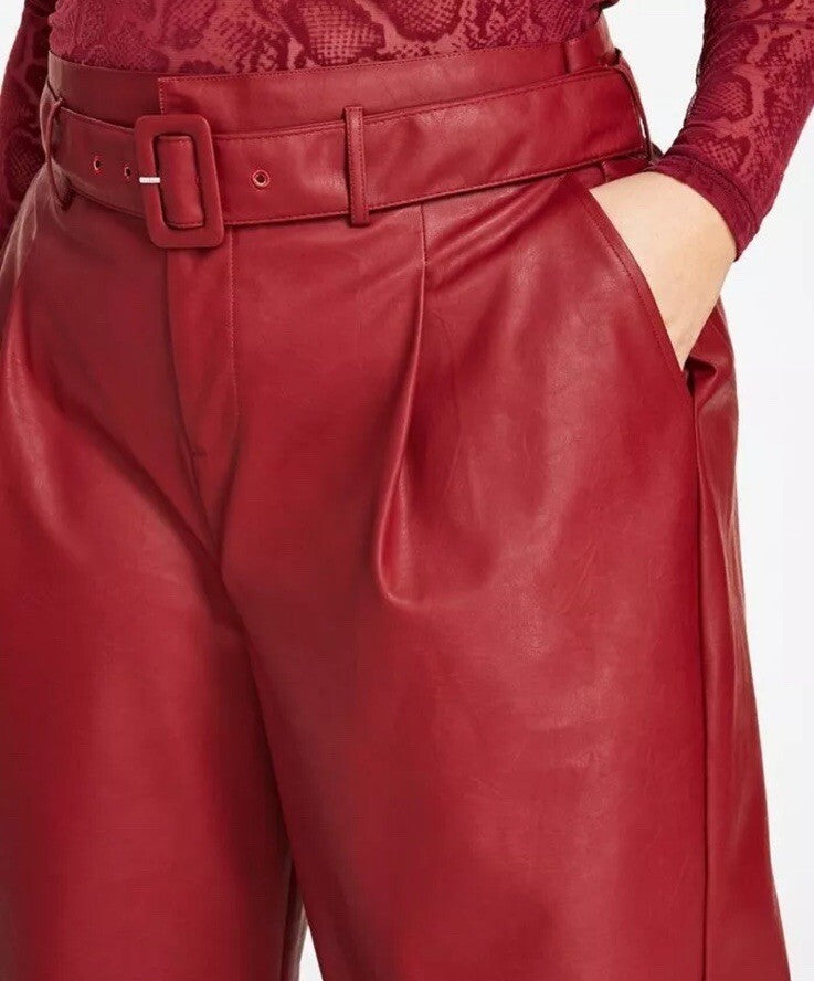 Nina Parker Women's Red Plus Size Faux Leather Belted Wide Leg Pants Size 18W
