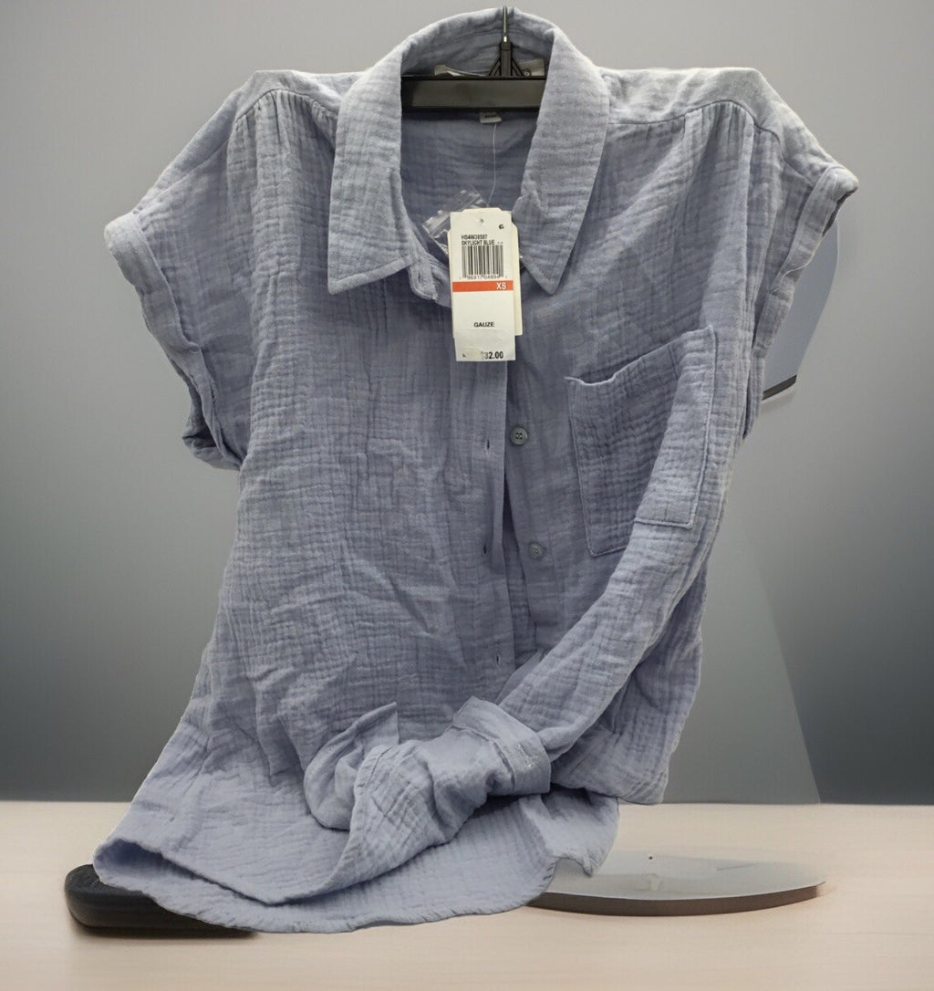 Hippie Rose Junior's Tie-Front Gauze Camp Shirt XS Blue