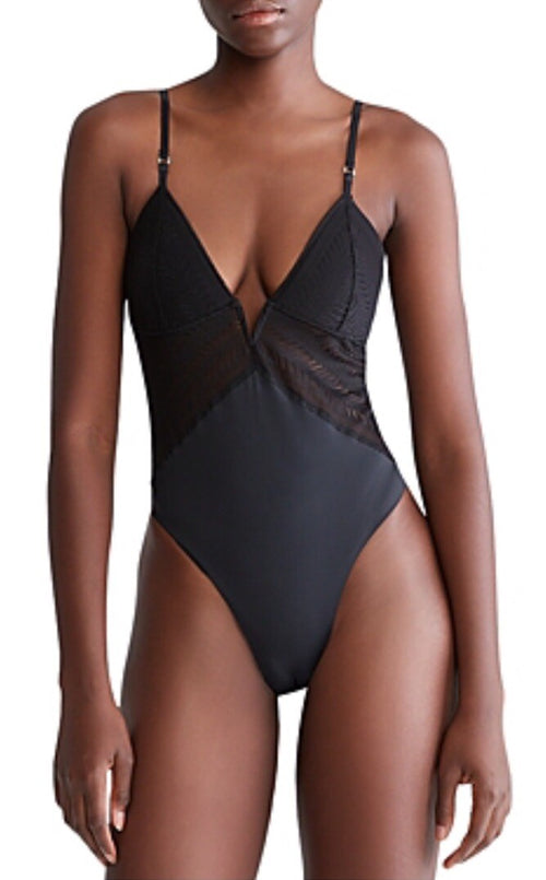 Calvin Klein Women’s  Minimalist Micro Lace Bodysuit  Black, Large,