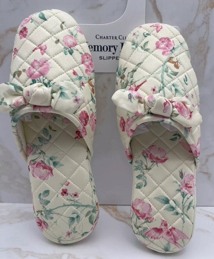 Charter Club Memory Foam Women’s Slippers XL 11-12 Yellow With Flowers
