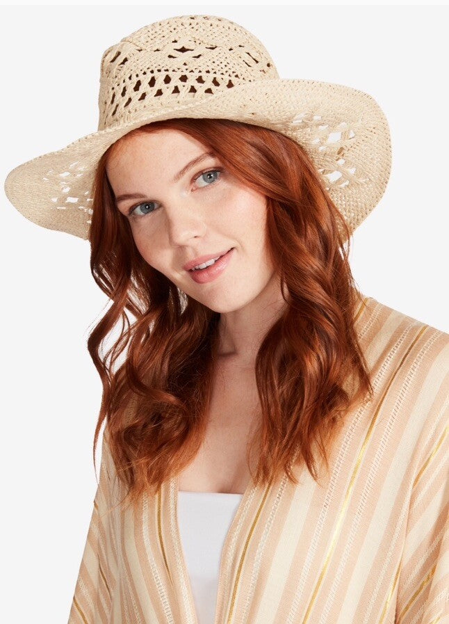STEVE MADDEN HAILEY Straw Cowboy Hat Natural Beige Braided Trim PACKABLE