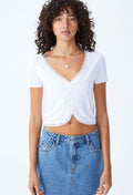 COTTON ON Women's Courtney Lace Trim Button Down Short Sleeve Top White S