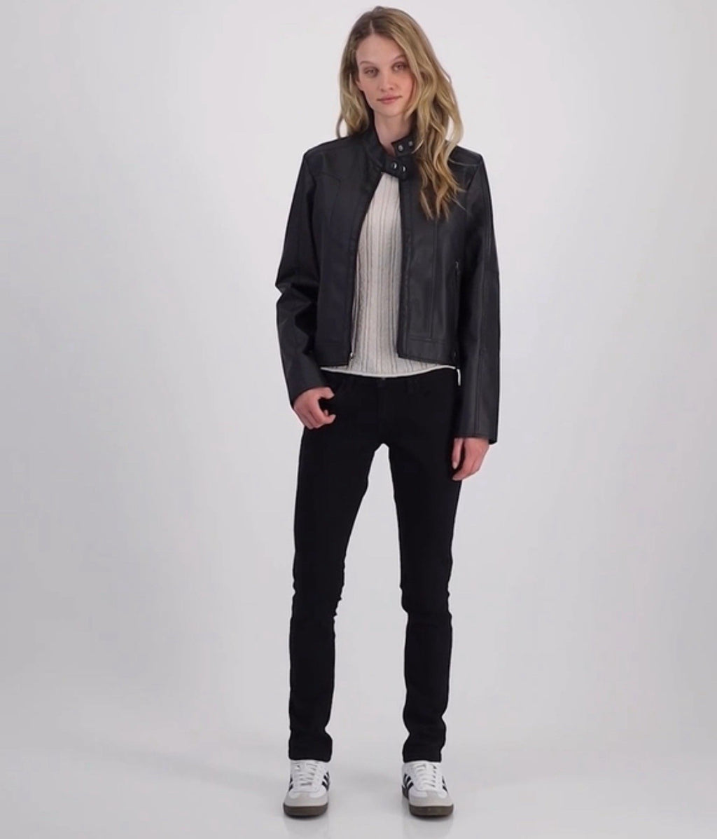 Maralyn & Me Faux-Leather Zip-Front Jacket Juniors M. Black Snap Closure Collar