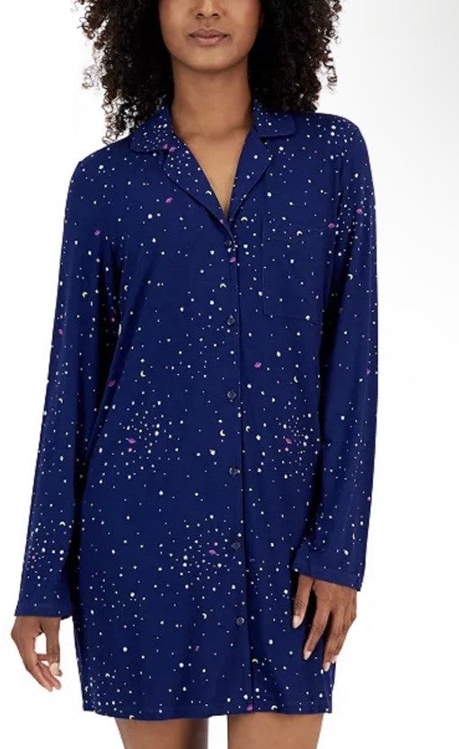 Womens Navy Blue Notch Collar Sleepshirt JENNI Intimates  Ditsy Space