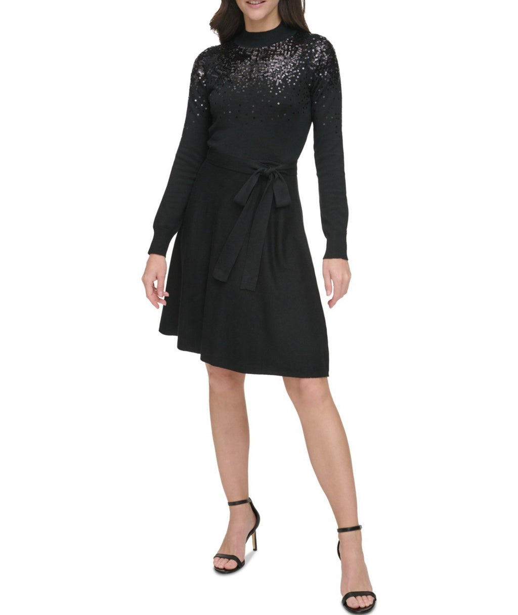 Vince Camuto Women's Black Sequin Embellished Turtleneck Fit & Flare Dress XL