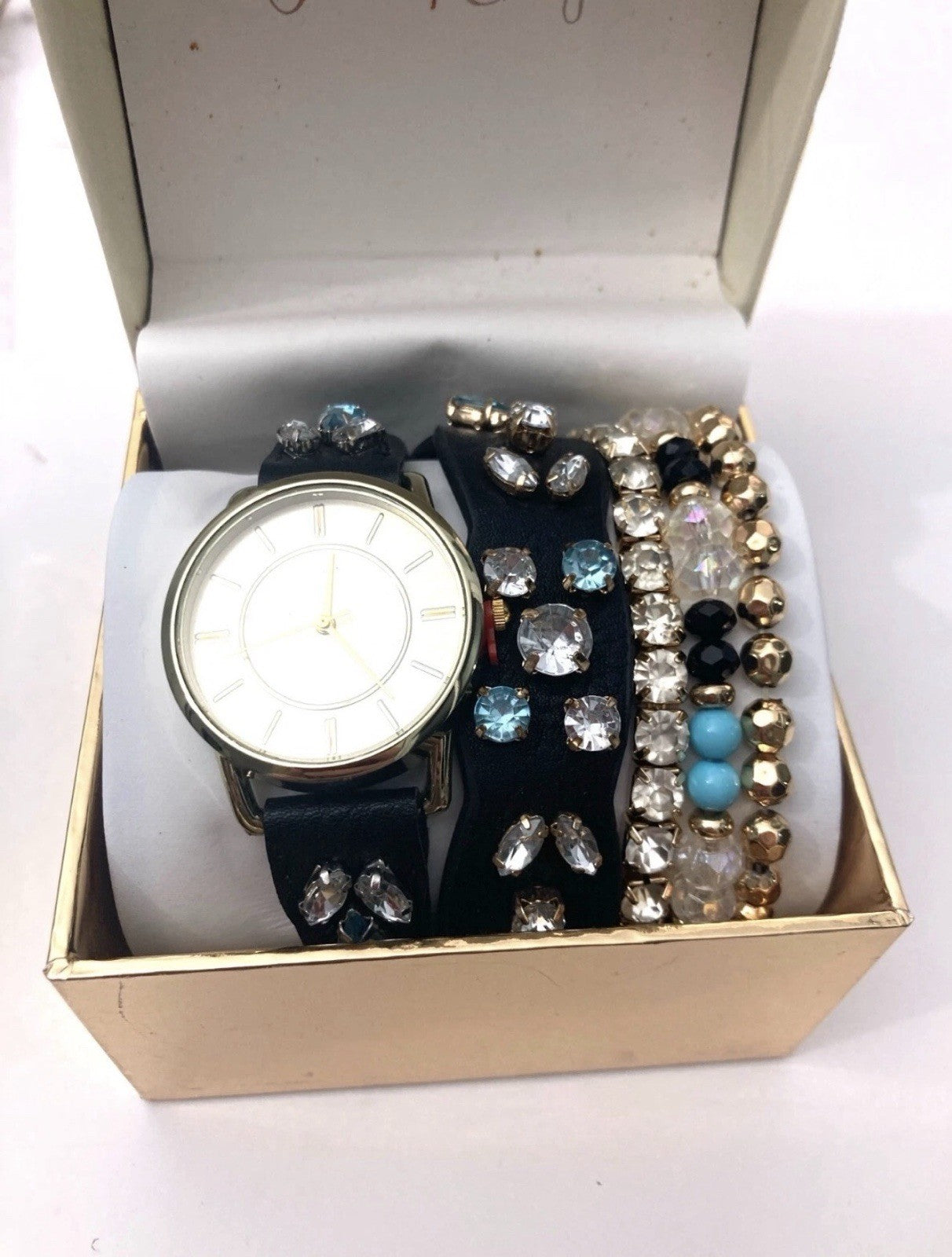Jessica CarlyleWomen's Analog Black Jeweled Strap Watch 34mm Matching Bracelets