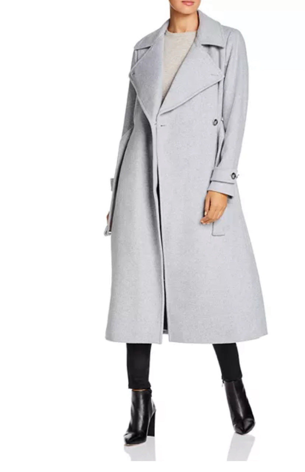 Calvin Klein Womens Belted Wrap Wool Blend Coat Size 10 Light Grey