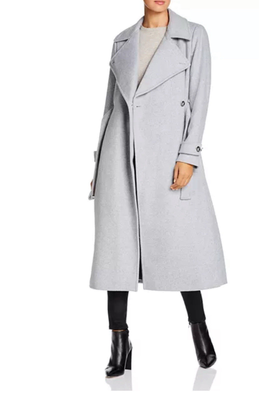 Calvin Klein Womens Belted Wrap Wool Blend Coat Size 10 Light Grey