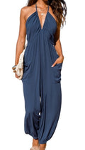 Cupshe Plunge Halter Jogger Jumpsuit Blue Pants Beach Summer Vacation Size L