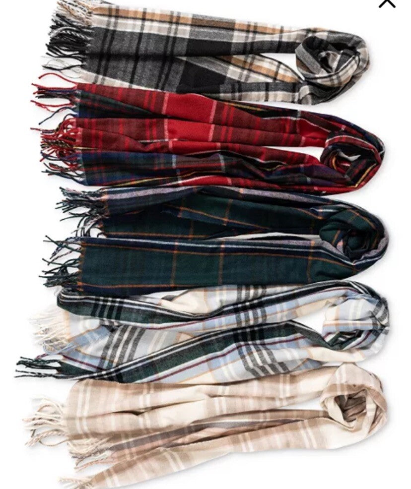 Womens Chenille Scarf Fringe Trim Ivory Plaid STYLE&CO
