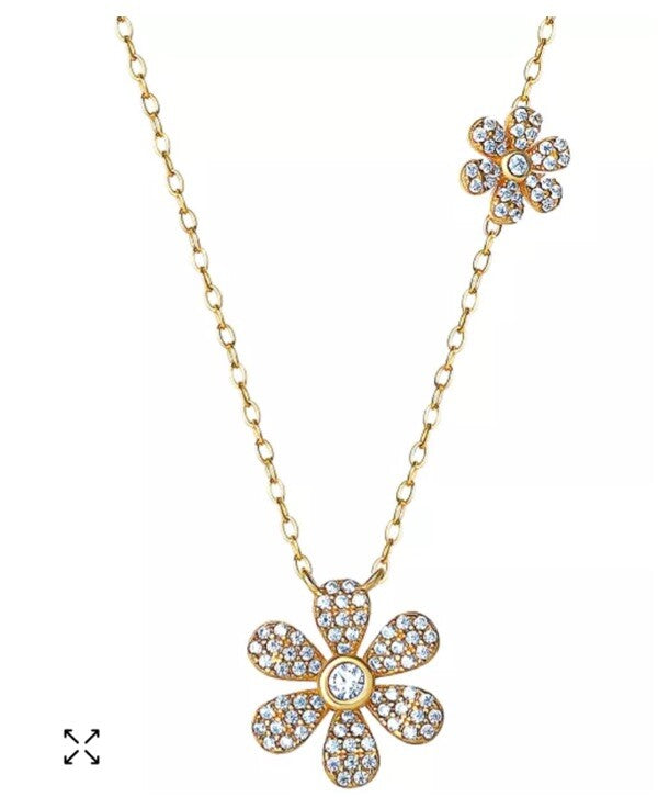 Cubic Zirconia Double Flower Pendant Necklace in 18k Gold-Plated Sterling Silve