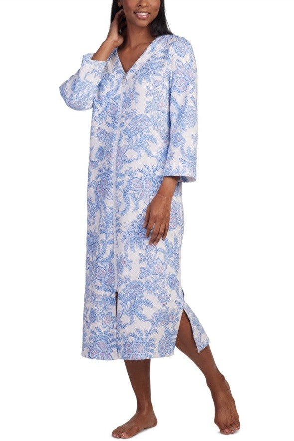 Miss Elaine Women's Quilted Floral 3/4-Sleeve Robe Blue Flor L