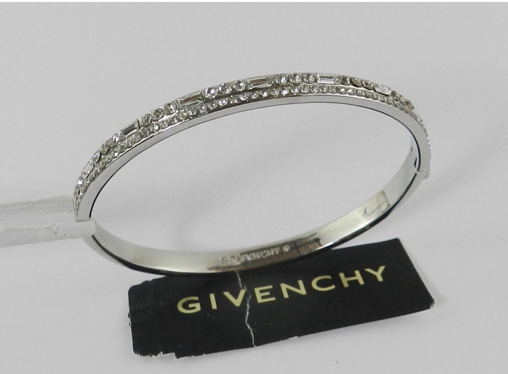 Givenchy Womens Silver Tone Crystal Hinged Bangle Bracelet Pave Rhinestone Logo
