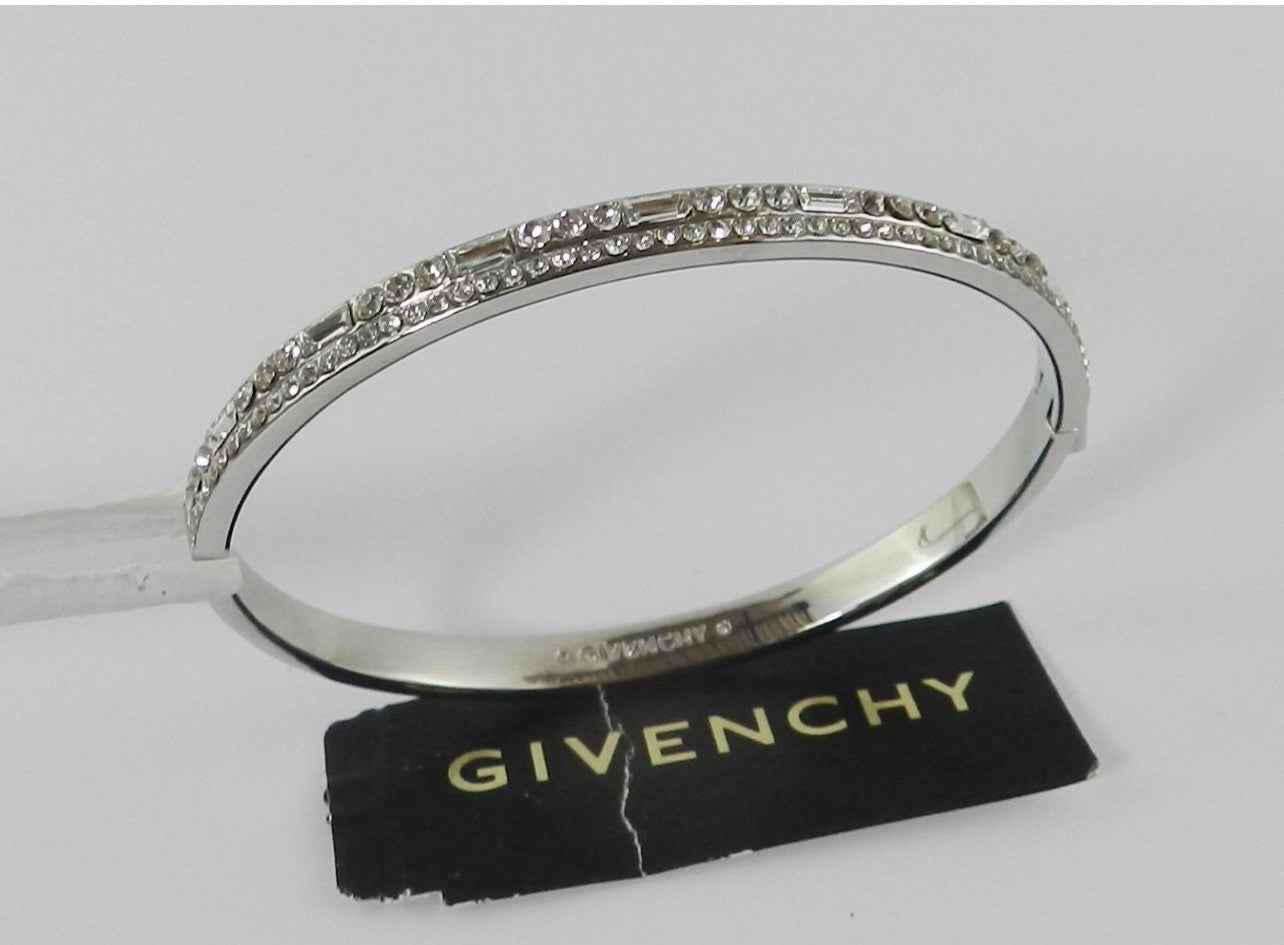 Givenchy Womens Silver Tone Crystal Hinged Bangle Bracelet Pave Rhinestone Logo