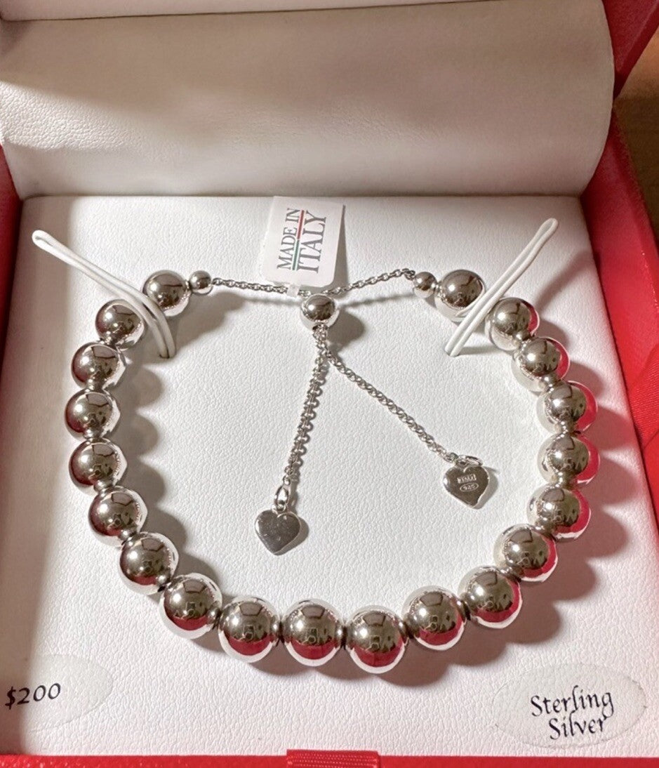 Sterling Silver 8mm Round Beads Adjustable Bolo Bracelet