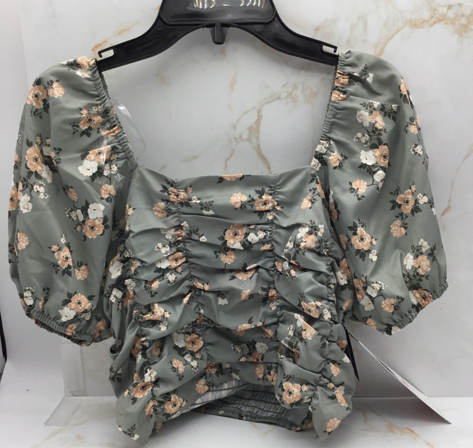Celebrity Pink Puff Sleeve Ruched Top Tea Floral 