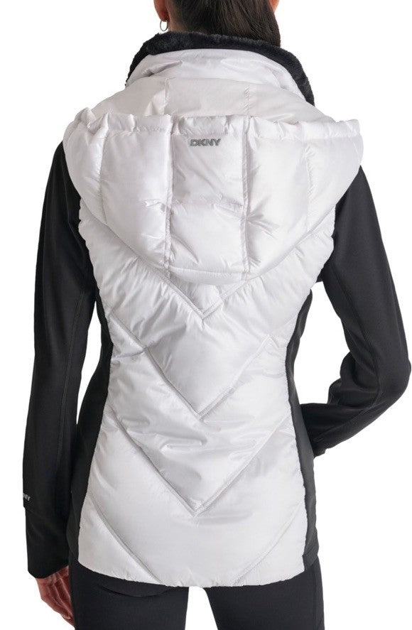 DKNY Womens Hooded Puffer Vest White And Black S