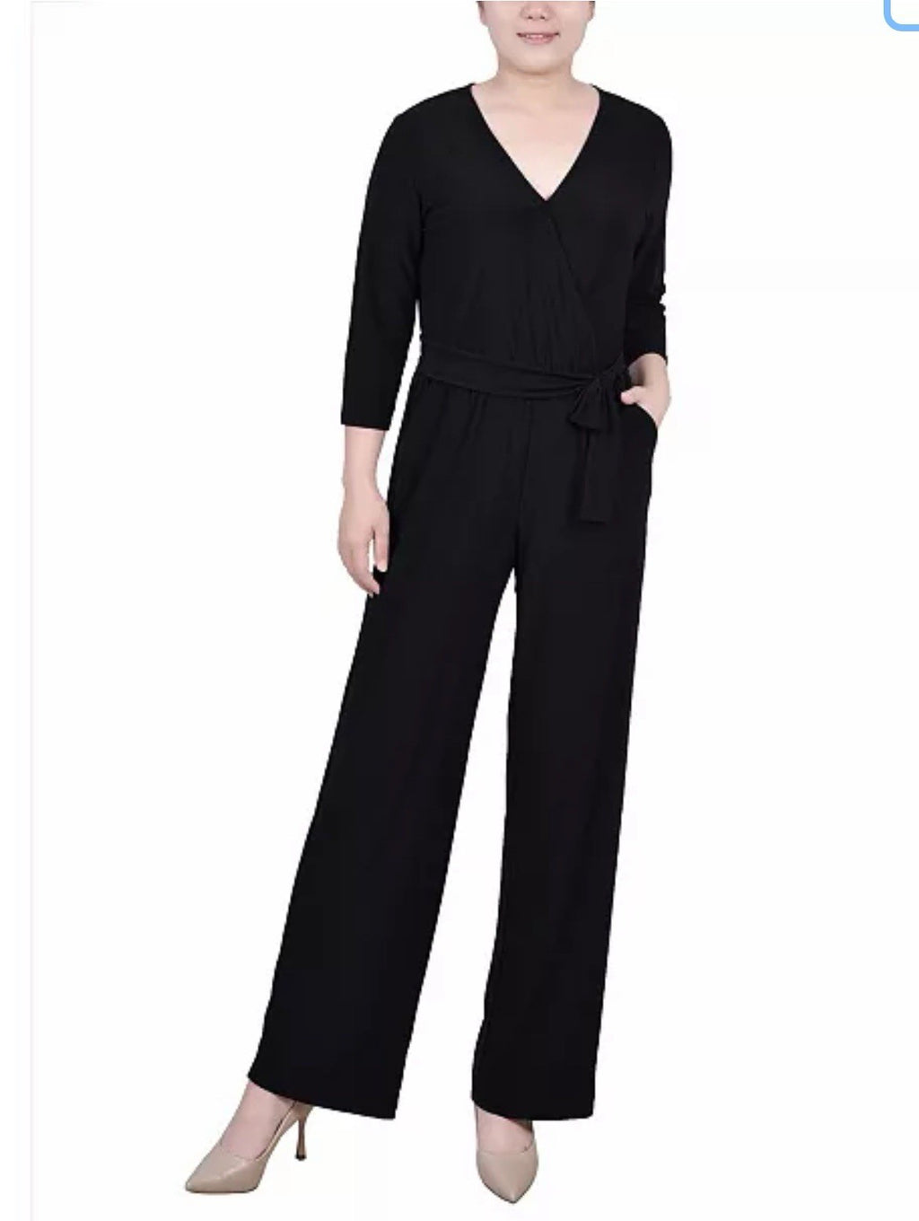 NY Collection Jumpsuit Womens Size Small Petite PS Black 3/4 Sleeve Belted New