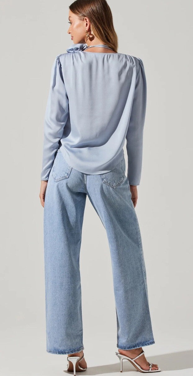 Lovisa Satin Long Sleeve Corsage Top Medium Powder Blue 
