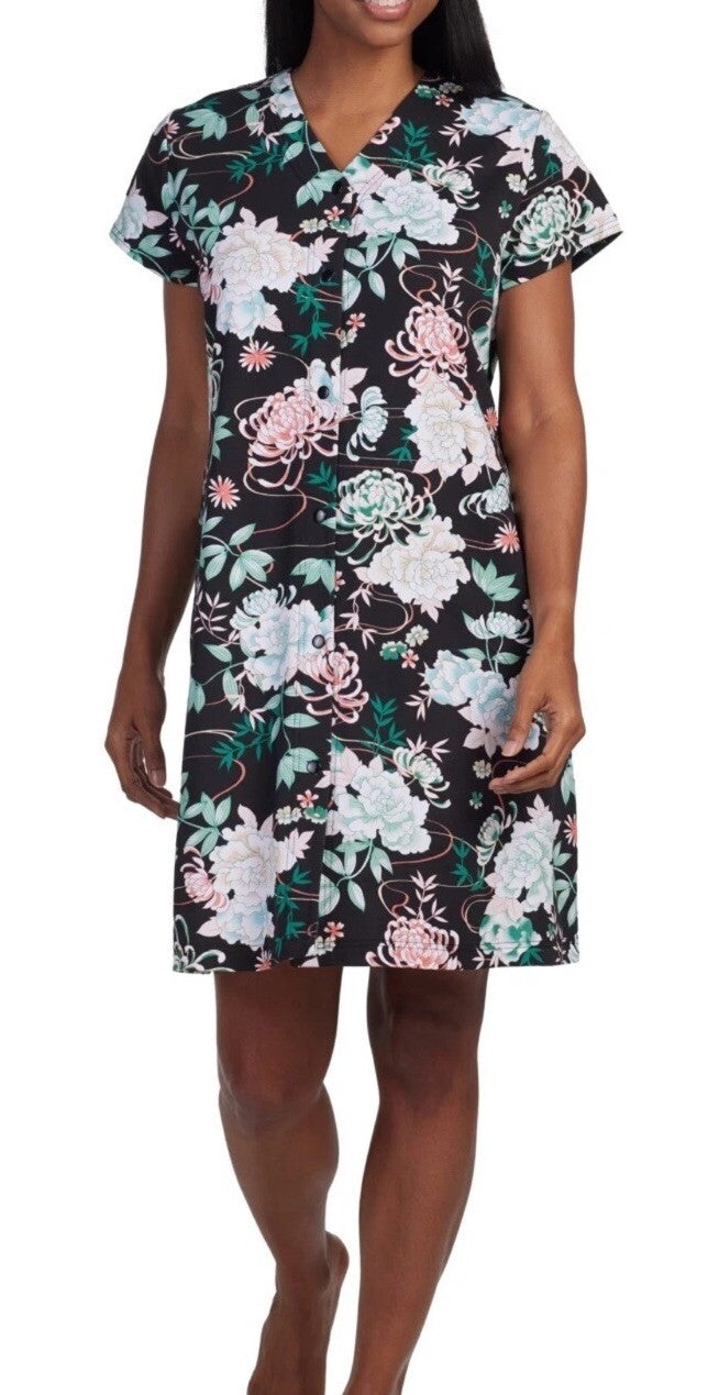 Miss Elaine Women's Short-Sleeve Floral Snap Robe - Seaside - SZ M $86