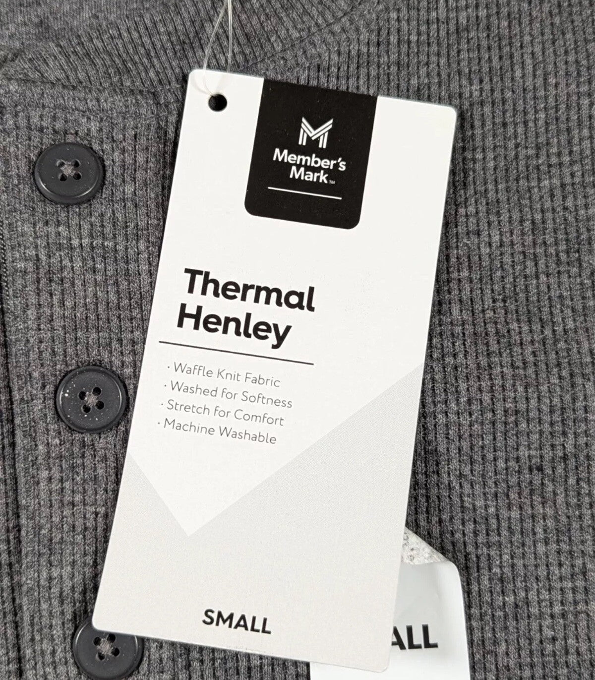 Member's Mark Thermal Henley Men's Gray Waffle Knit Long Sleeve Slim Shirt s S