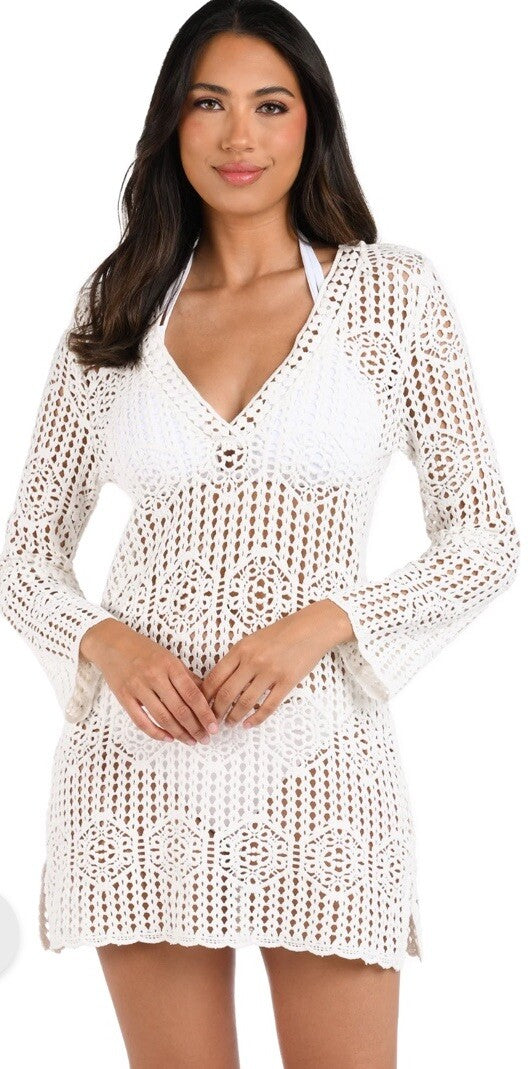 NWT La Blanca Waverly Covers Crochet V-Neck Tunic Cover Up - Ivory size M
