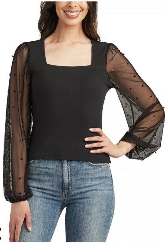 BCX Juniors' Square-Neck Beaded Balloon-Sleeve Top Black XS