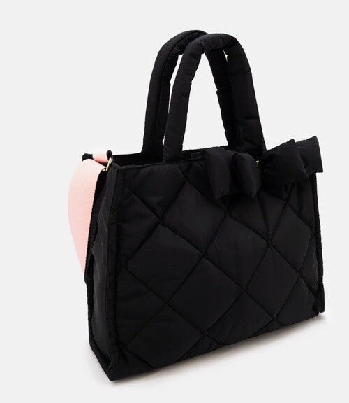 LIKE DREAMS Serenity Bow puffer nylon small women's tote crossbody bag -BLACK