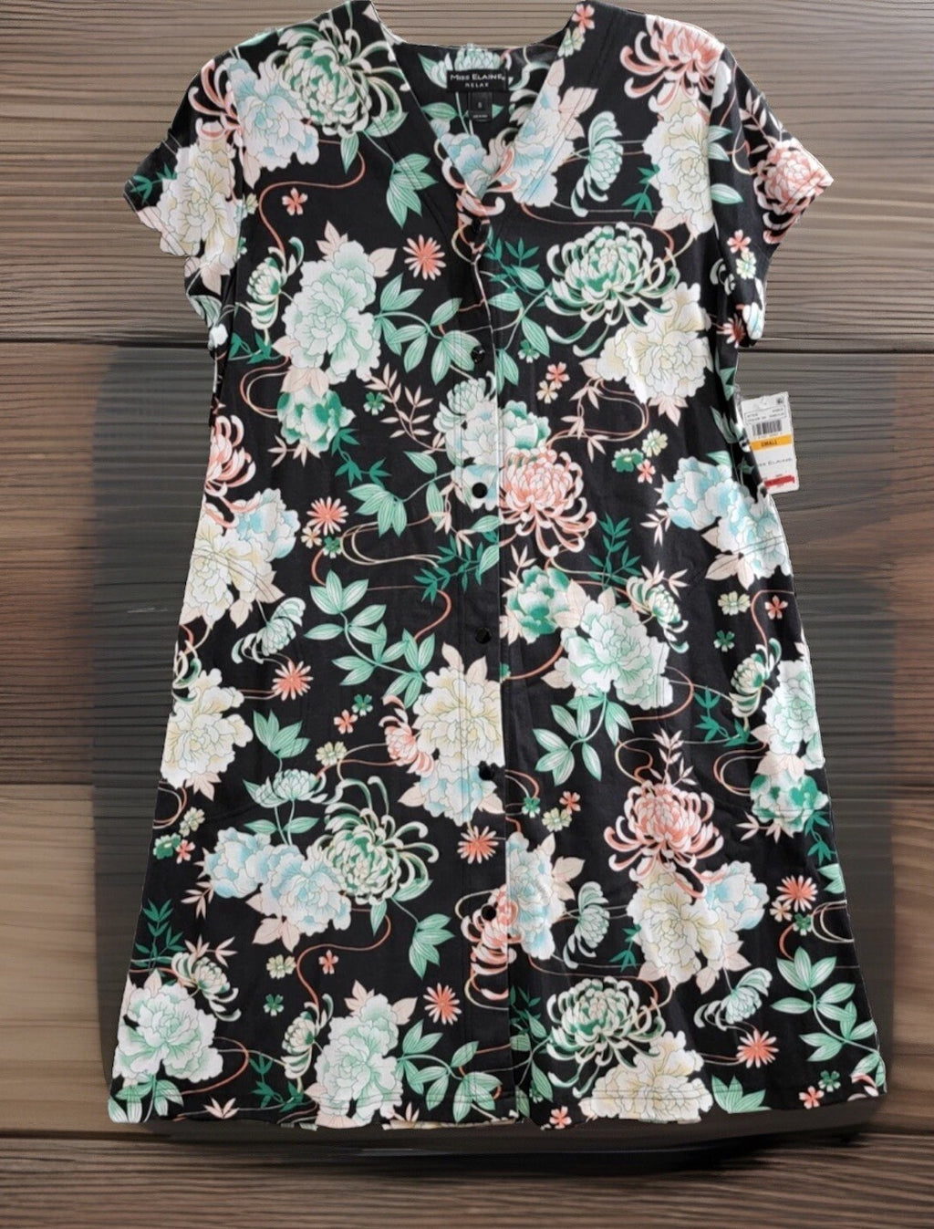 Miss Elaine Women's Short-Sleeve Floral Snap Robe - Seaside - SZ M $86