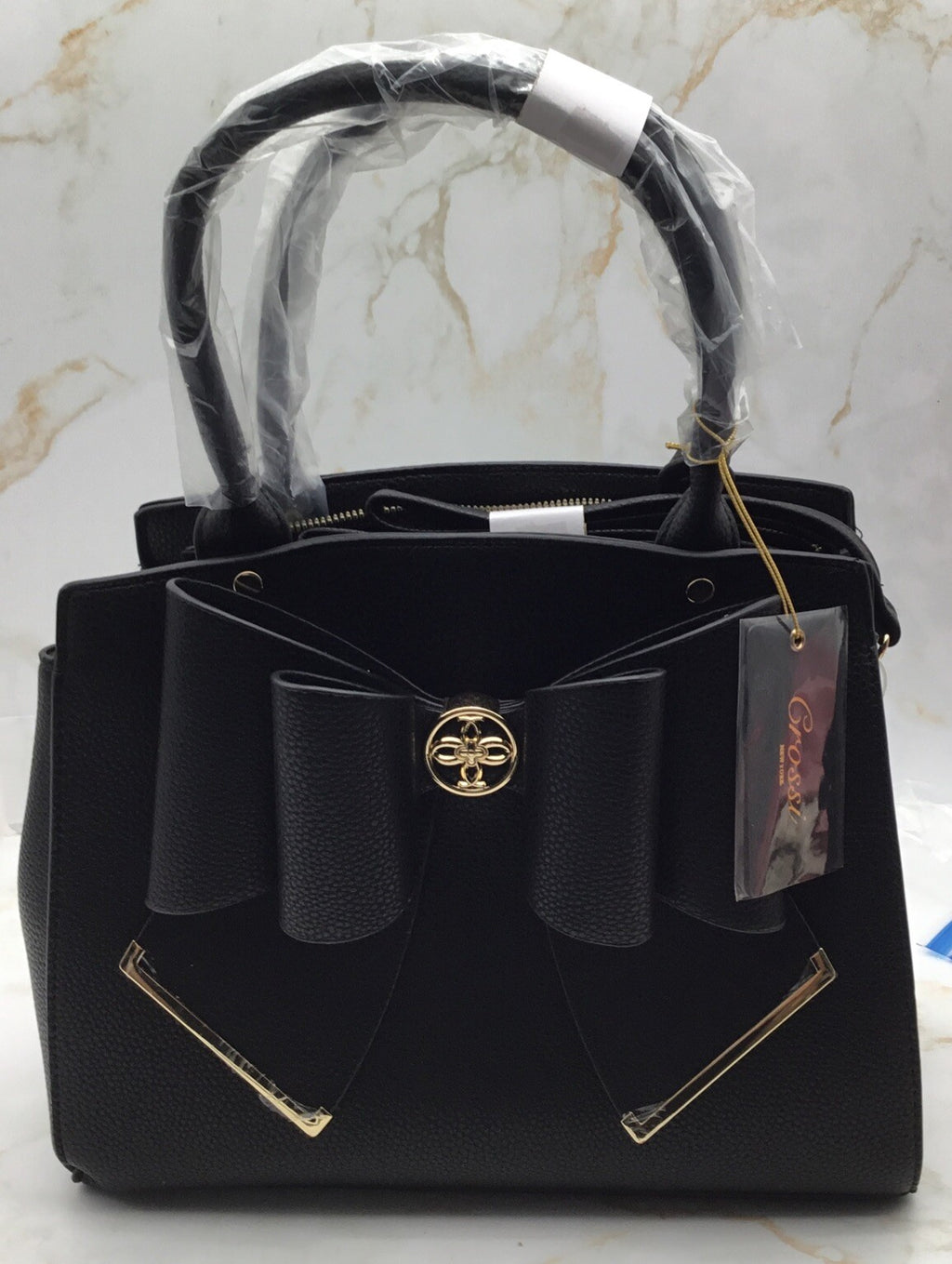 LIKE DREAMS Women's Double Bow Satchel Black And Gold Medium 
