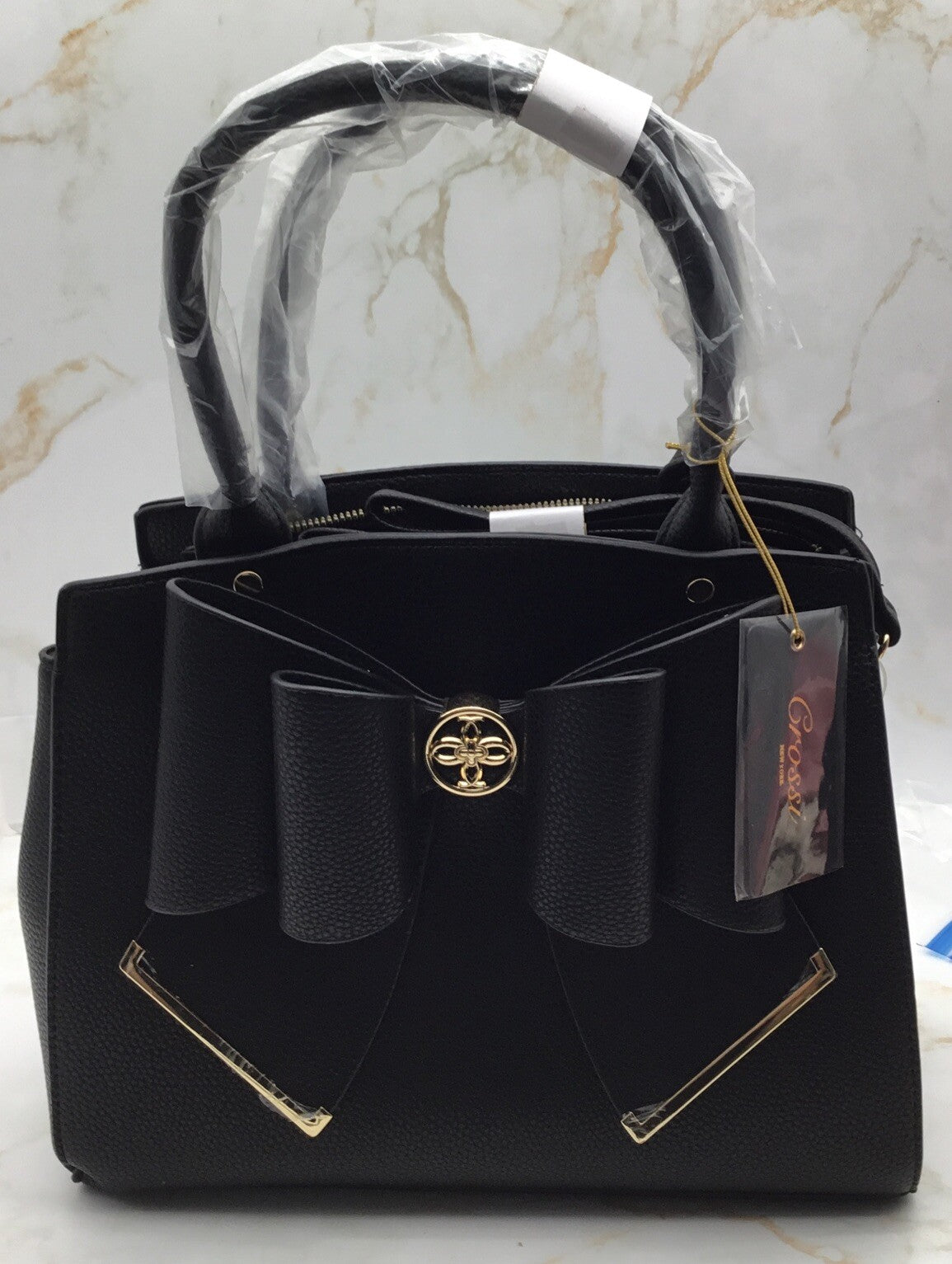 LIKE DREAMS Women's Double Bow Satchel Black And Gold Medium 