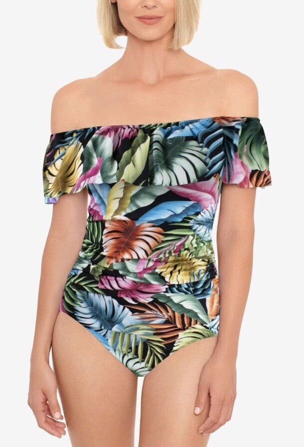 Swim Solutions Off-The-Shoulder Tummy-Control One-Piece Swimsuit Multi Size 12
