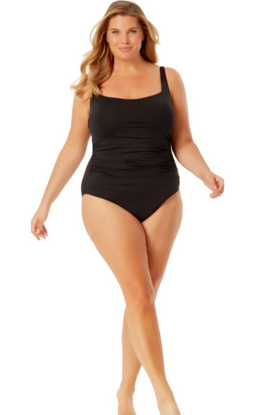 Anne Cole Plus Size Square Neck Shirred One Piece , 18W