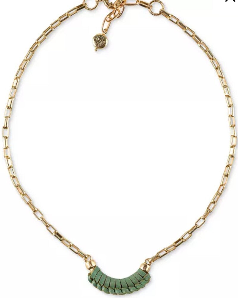 Patricia Nash Gold-Tone Sorella Green Leather Wrapped Crescent Necklace 