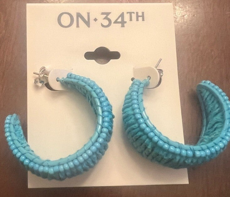 Bright Blue Color Seed Bead & Raffia C-Hoop Earrings, Post Back, 1.25" 