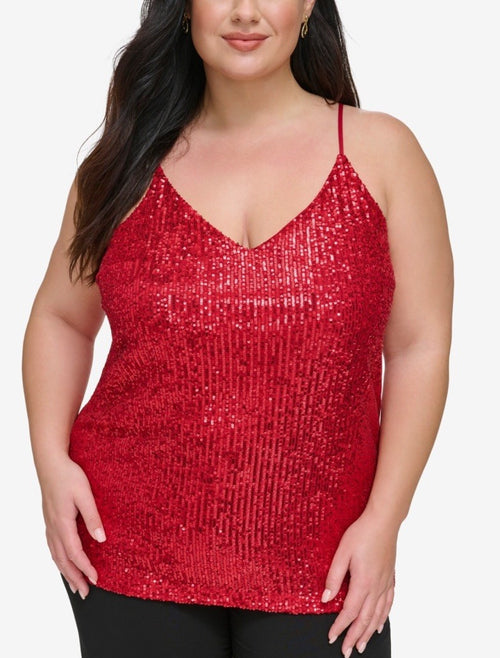 Calvin Klein Womens Red Sequined V Neck Cami Plus Size 2X