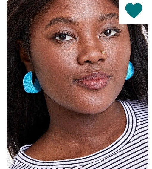 New Seed Bead & Raffia C Hoop Earrings Turquoise Blue Boho Cottagecore Beach