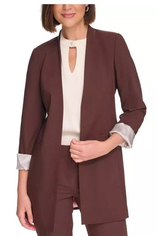 $150 Calvin Klein Women's Brown Collared Open-Front Blazer Jacket Size Petite 8P