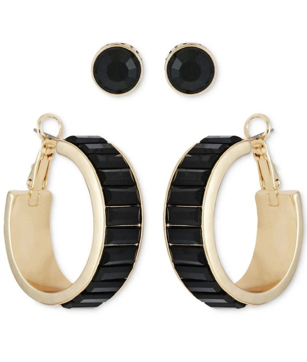 GUESS Gold-Tone Crystal Stud & Black Baguette Hoop Earrings Set