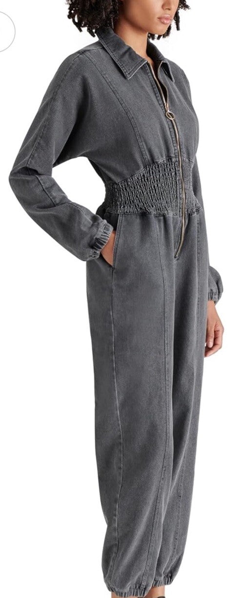 Steve Madden Womens Medium Black Denim Jumpsuit Partial Zip Long Sleeves