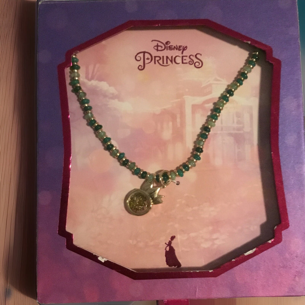 Disney Kid's Princess Tiana Gold-Tone and Green Bead Tiara Pendant Necklace