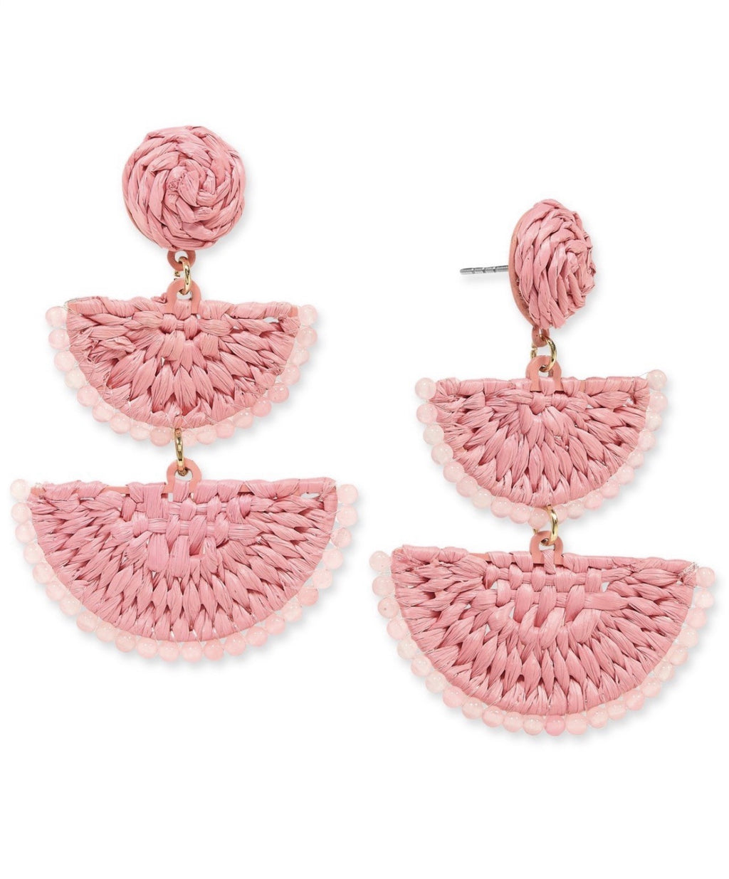 On 34th Woven Raffia and Seed Bead Dangle Earrings Pink Multi New with Tags